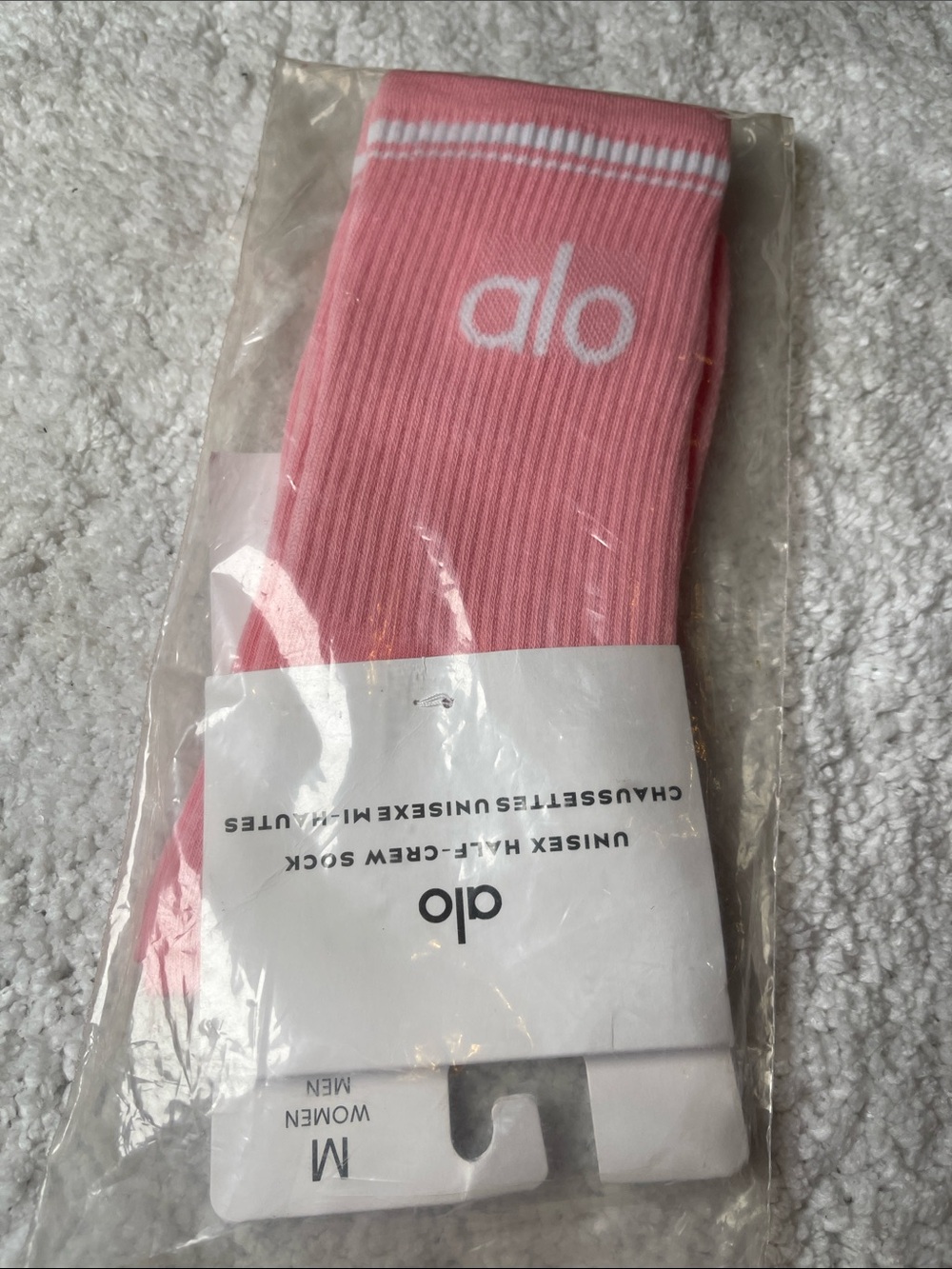ALO Yoga Men’s Pink Crew Socks with White Logo Stripes